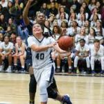 A basketball player is going to the hoop.