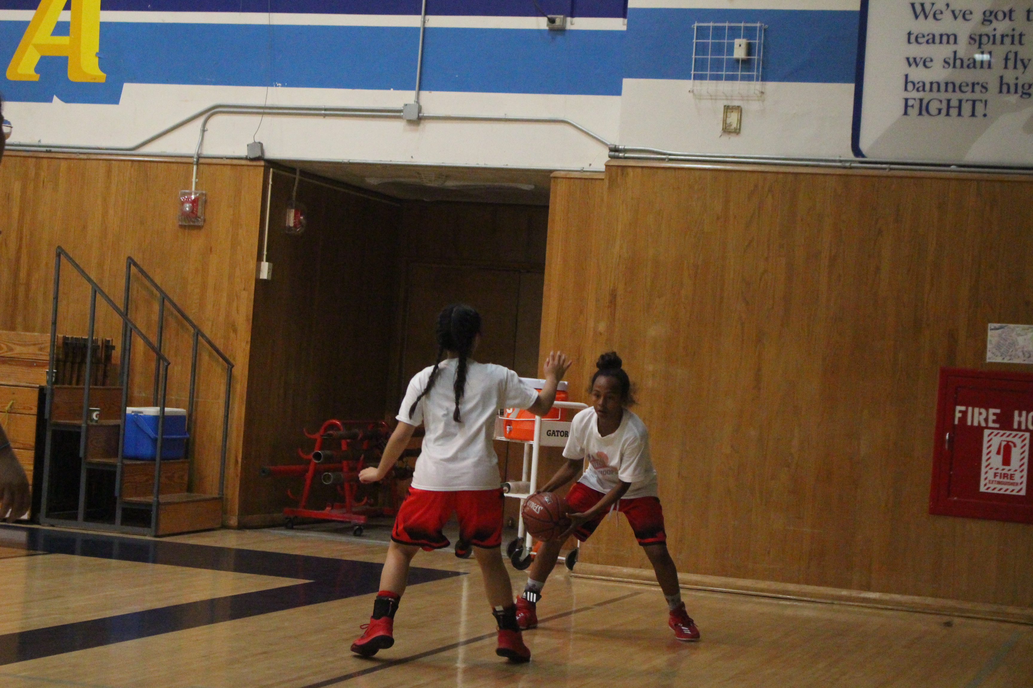 Two girls playing basketball in a gym.