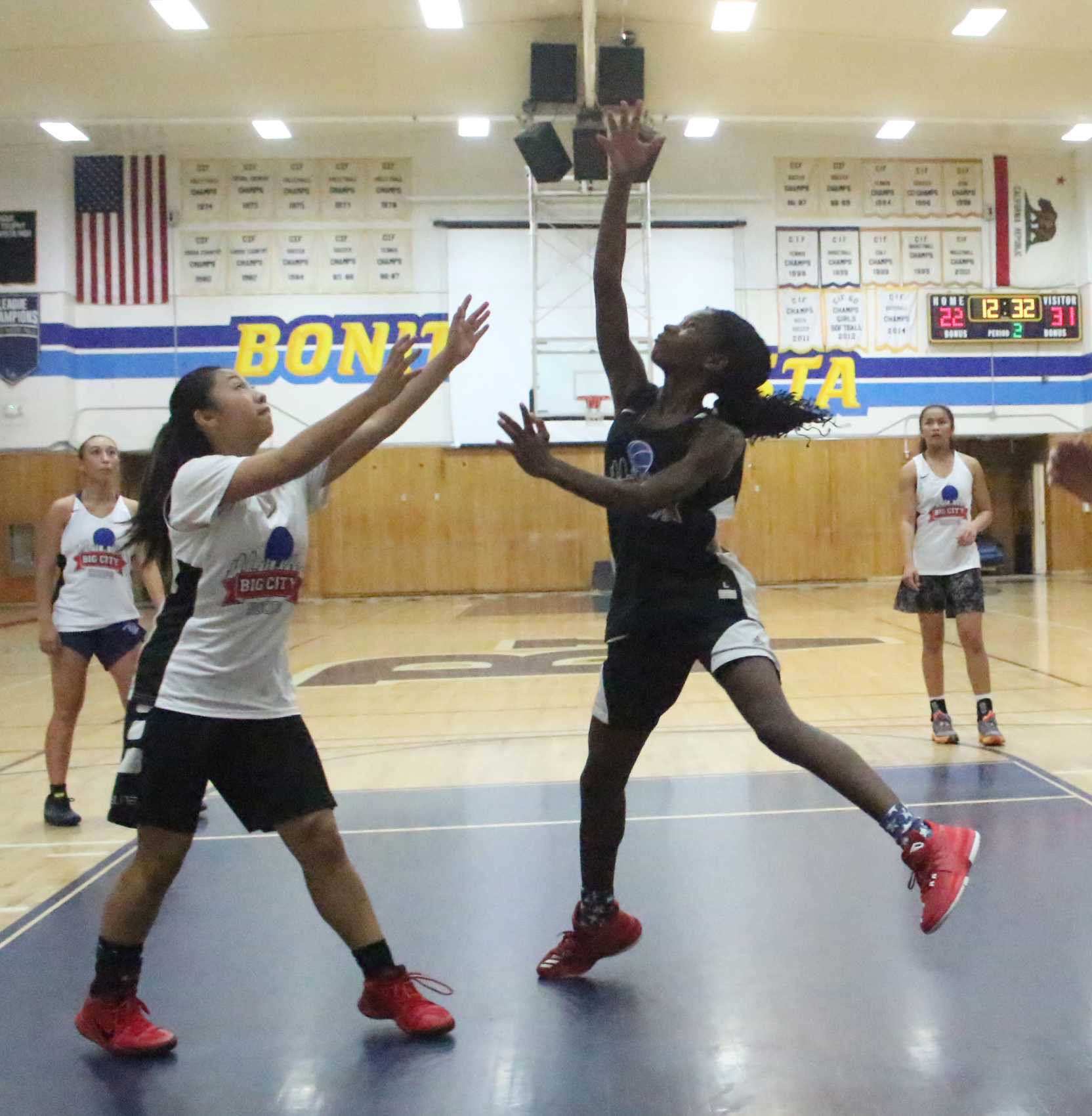 Two girls playing basketball on a court