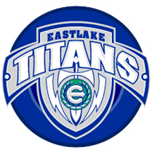 A blue and white logo of eastlake titans.