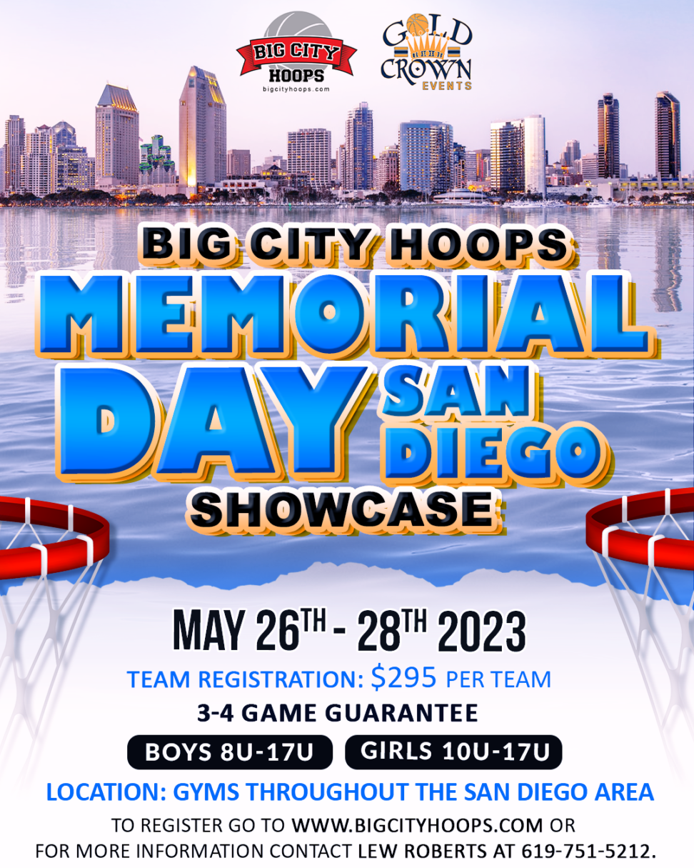 A poster for the big city hoops memorial day san diego showcase.